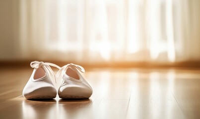 A pair of elegant white ballet shoes on a wooden floor, illuminated by soft sunlight.