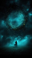 Obraz premium A lone figure stands before a glowing celestial ring in the night sky, in ethereal, atmospheric setting