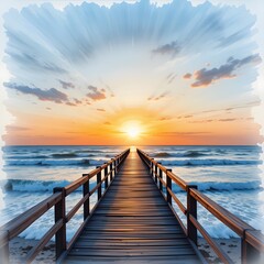 Obraz premium This stunning watercolor painting depicts a picturesque scene of a bridge stretching over a beach, with the sun setting on the horizon.