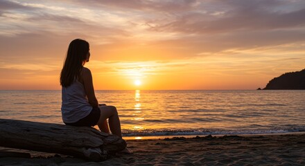 Fototapeta premium Woman sunset beach silhouette