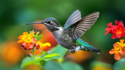 Naklejka premium Striking hyper-realistic close-up of a hummingbird drinking nectar from brightly colored flowers