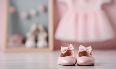 Delicate pink baby shoes with bows, ready for a little girl, sit elegantly in a nursery.