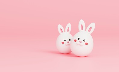 Cute white easter rabbit egg on pastel pink background. The bright scene for Easter greetings concept. 3D render illustration.