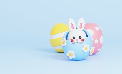 Bunny rabbit with floral cracked egg and Easter eggs. The bright scene for Happy Easter greetings concept. 3D render illustration.