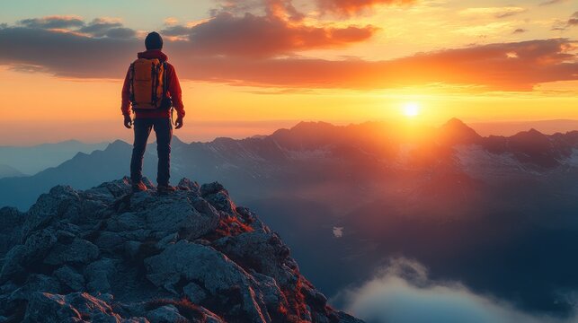 Hiker on mountain peak watches sunset over misty valley