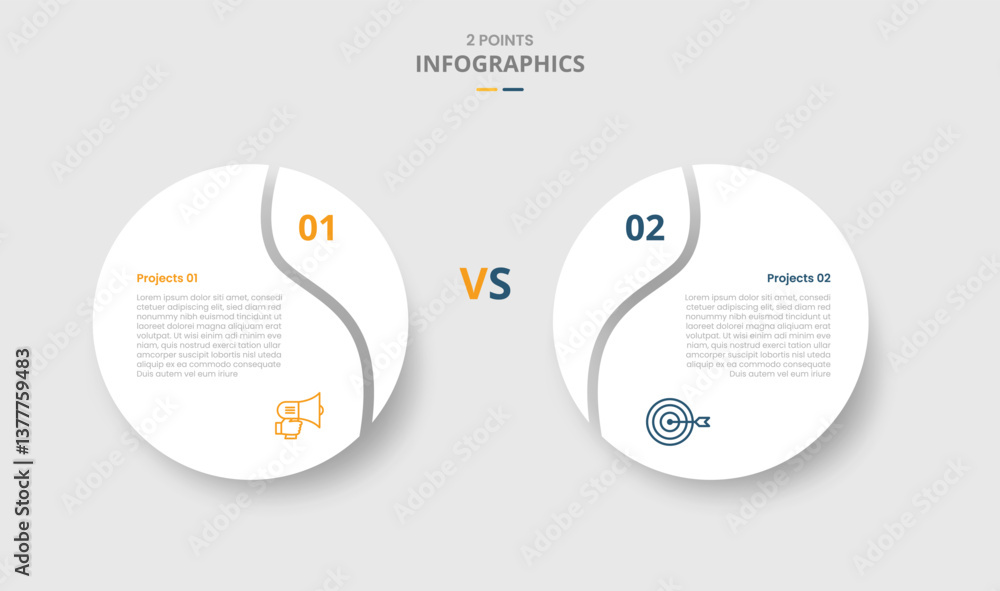 Poster 2 points comparison versus for infographic with big circle with swirl edge slice with white backgrou