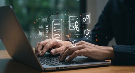 Obraz premium Efficient document management solutions using a modern laptop interface closeup view