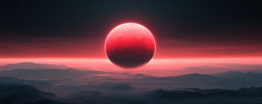 Celestial event red planet rising over rugged landscape digital art cosmic environment futuristic viewpoint