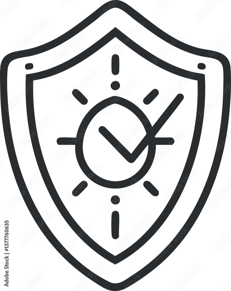 Poster outline of a shield icon with a checkmark symbolizing security and verification.