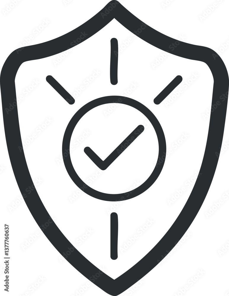 Poster black and white shield icon with a checkmark symbolizing security and protection.