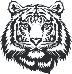 Black and white illustration of a tiger's face with detailed stripes and fierce expression.