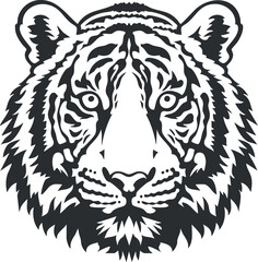 Black and white stylized illustration of a tiger's head with intricate patterns and bold lines.