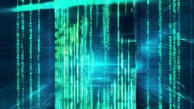 Futuristic digital binary code background with a green matrix pattern