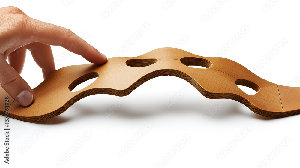 Poster a hand gently touching the wavy design of a brown leather object. the object is crafted with precisi