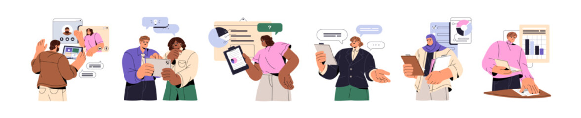 Employees with tablets set. Office workers with clipboards discuss, compare data, diagrams, charts. Analysts work with financial graphs, report. Flat isolated vector illustration on white background