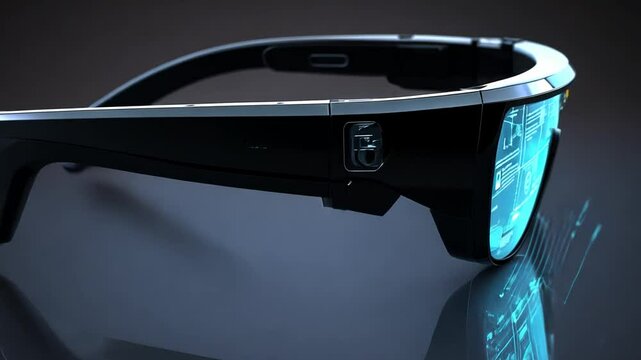 Futuristic augmented reality glasses displaying complex data visualization interface