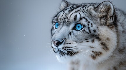 Obraz premium A snow leopard with striking blue eyes captivatingly gazing directly into the camera lens