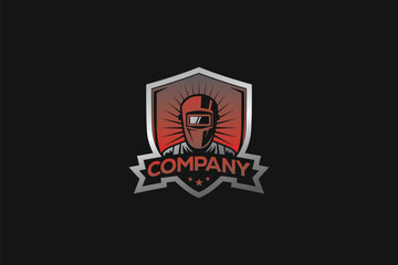 Logo design of a welder emblem in the shape of a shield, symbolizing craftsmanship, strength, and industry, often with bold, industrial elements.


