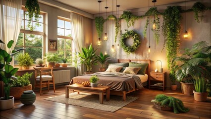 Cozy Bedroom, Natural Decor, Serene Atmosphere, Low Light Photography, Bright Space, Interior Design, Bedroom Ideas