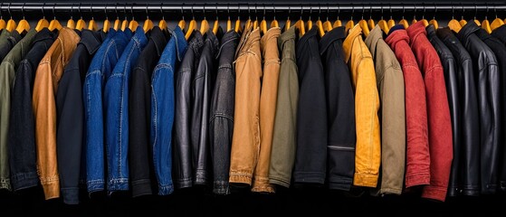 A rack of jackets, diverse in color, hanging neatly on wooden hangers in a dark closet space