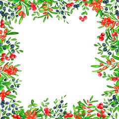 Set of square frames of watercolor berries blueberries, lingonberries, sea buckthorn. Clip art, design element.