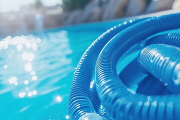 Pool vacuum hose ready for cleaning in a bright blue swimming pool Generative AI