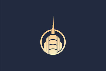 Logo design of an abstract tall skyscraper building, symbolizing architecture, growth, urban development, and modernity with geometric and sleek lines.

