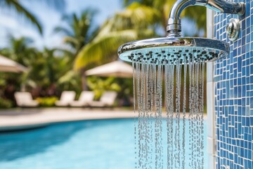Enjoying a refreshing poolside shower with clear water on a sunny day Generative AI
