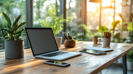 Fototapeta premium Modern workspace laptop on wooden desk with plants, sunlight, and office supplies