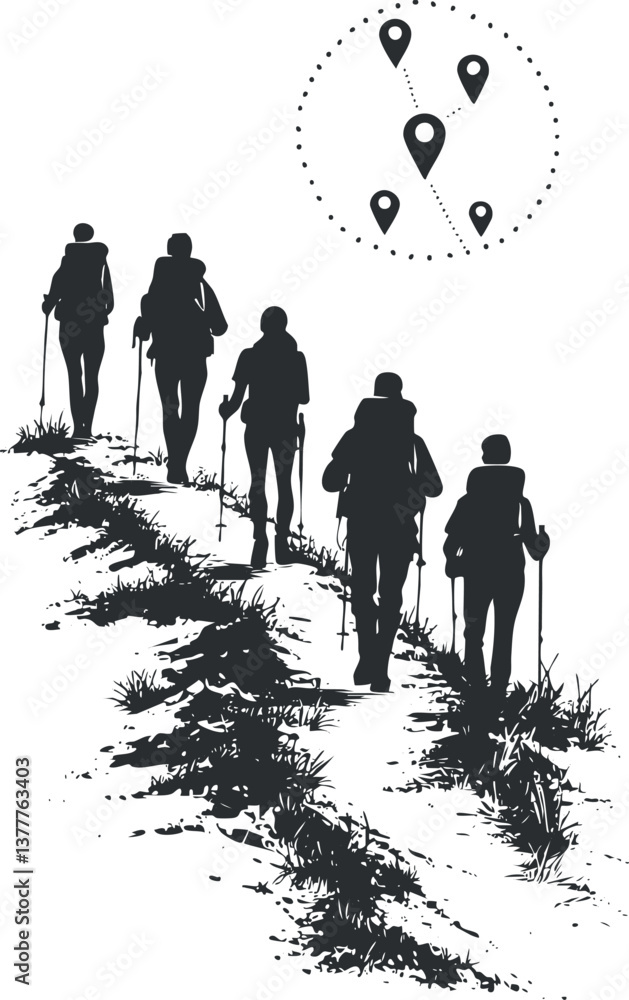 Poster silhouette of hikers on a mountain trail with navigation markers, symbolizing exploration and advent