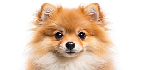 Obraz premium Cute Pomeranian Spitz Puppy, Closeup Portrait, White Background, Panoramic Photo