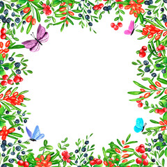 Set of square frames made of watercolor blueberries, lingonberries, sea buckthorn and colorful butterflies. Clip art, design element.