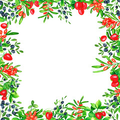 Square frame with blueberries, strawberries and sea buckthorn. Hand drawn watercolor berries. Design for paper, background, menu, poster, textile, wallpaper, business cards.