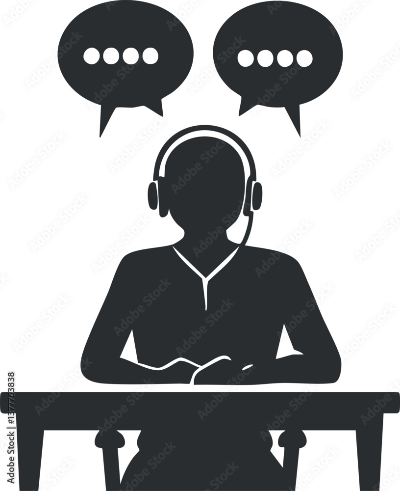 Poster silhouette of call center operator with headset and speech bubbles, symbolizing customer support.