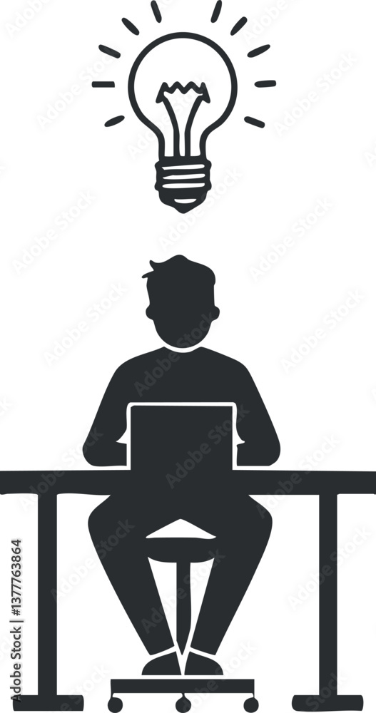 Poster silhouette of a person at a desk with a lightbulb symbolizing an idea above them.