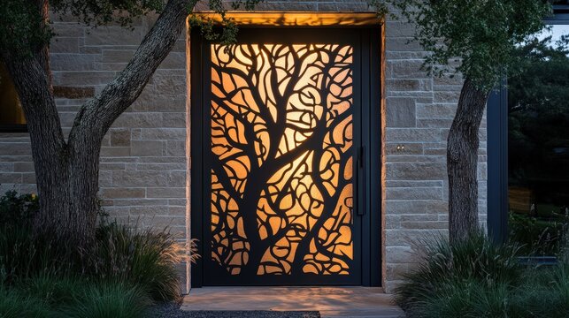 A modern front door with tree design and ambient lighting
