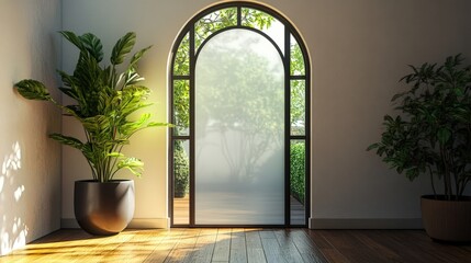 Elegant interior shows a room with plants and an arched window