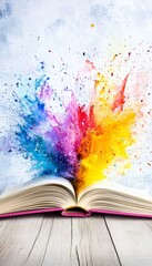 Colorful Ink And Paint Explosion From Open Book On Rustic Wooden Table, Creativity Concept