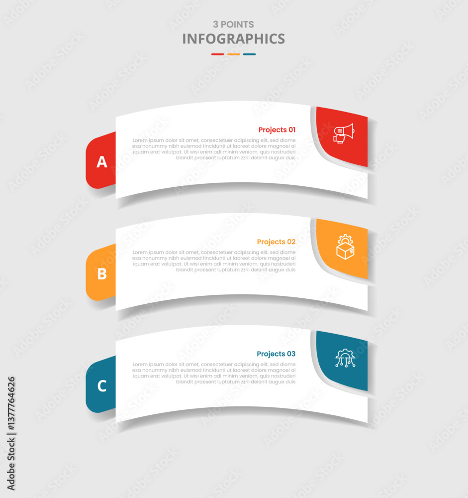 Poster 3 points template infographic with round rectangle box bending curve with drop shadow style with thr