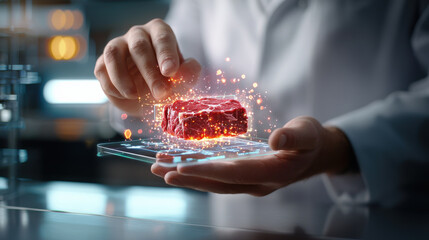 scientist in lab coat examines piece of beef on transparent digital interface, surrounded by glowing data points, symbolizing high tech food analysis