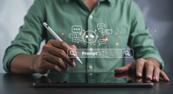 AI chatbot interaction with digital tablet and stylus for prompt generation