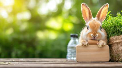 cute rabbit is chewing on wooden toy, surrounded by greenery and water bottle, creating serene and playful atmosphere. sunlight adds warmth to scene