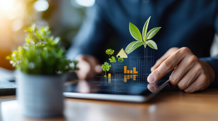 person interacts with tablet displaying digital graphs and green plant icons, symbolizing sustainable growth and technology. potted plant is in foreground, enhancing eco friendly theme