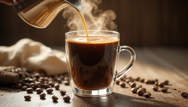 Rich Brew Pouring: Close-up of fresh coffee being poured into a glass mug with coffee beans. The inviting scene is filled with the aromatic steam rising from the fresh, steaming coffee.