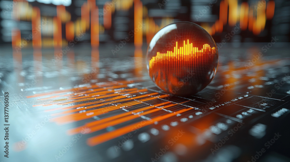 Poster transparent sphere with glowing orange financial graph inside is placed on digital surface with data charts, symbolizing finance and marketing analytics