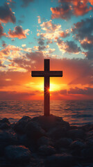 a mobile app background with a wooden cross silhouette against a sunrise s