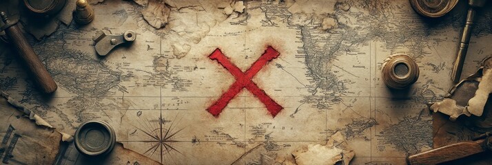 Treasure Map with Red X Marking Location of Buried Treasure