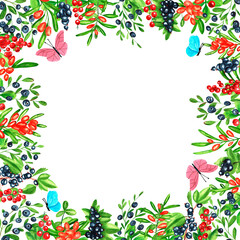 Square frame with blueberries, red currants, black currants, sea buckthorn and colorful butterflies. Hand drawn watercolor berries. Design for paper, background, menu, poster, textile, wallpaper