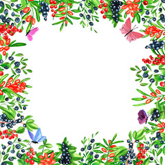 Square frame with blueberries, red currants, black currants, sea buckthorn and butterflies. Hand drawn watercolor berries. Design for paper, background, menu, poster, textile, wallpaper, business card