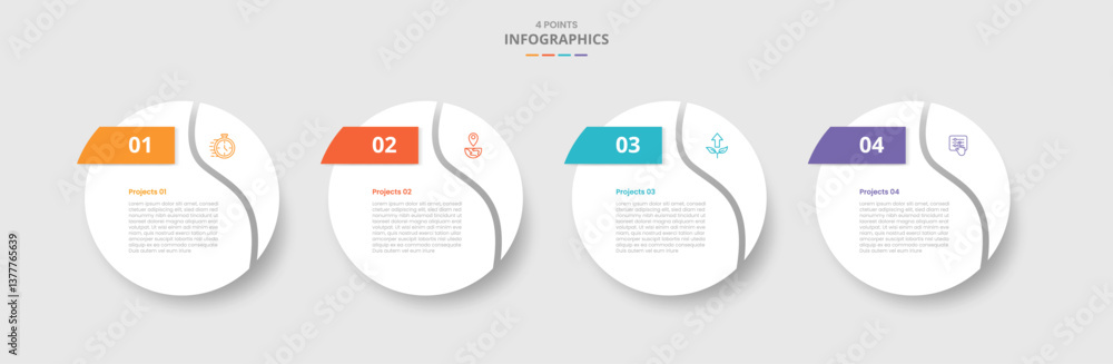 Poster 4 points template infographic with big circle swirl curve slice at edge with drop shadow style with 